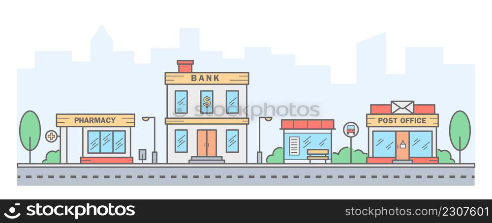 City skyline. Landscape with row houses of bank, pharmacy, bus stop and post office. Street horizontal panorama. Vector illustration.. City skyline. Landscape with row houses of bank, pharmacy, bus stop and post office. Street horizontal panorama. Vector illustration