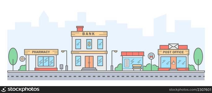 City skyline. Landscape with row houses of bank, pharmacy, bus stop and post office. Street horizontal panorama. Vector illustration.. City skyline. Landscape with row houses of bank, pharmacy, bus stop and post office. Street horizontal panorama. Vector illustration