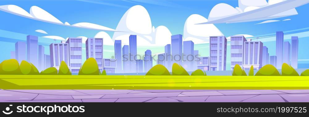 City skyline, summer urban view background with skyscrapers, green lawn and pathway. Summertime cityscape. downtown with architecture with residential buildings panorama, Cartoon vector illustration. City skyline, summer time urban view background