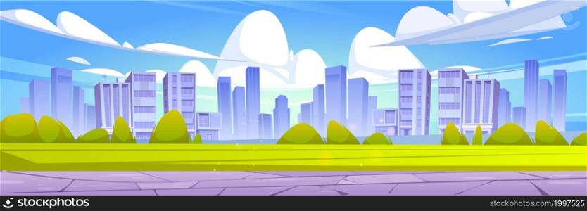 City skyline, summer urban view background with skyscrapers, green lawn and pathway. Summertime cityscape. downtown with architecture with residential buildings panorama, Cartoon vector illustration. City skyline, summer time urban view background