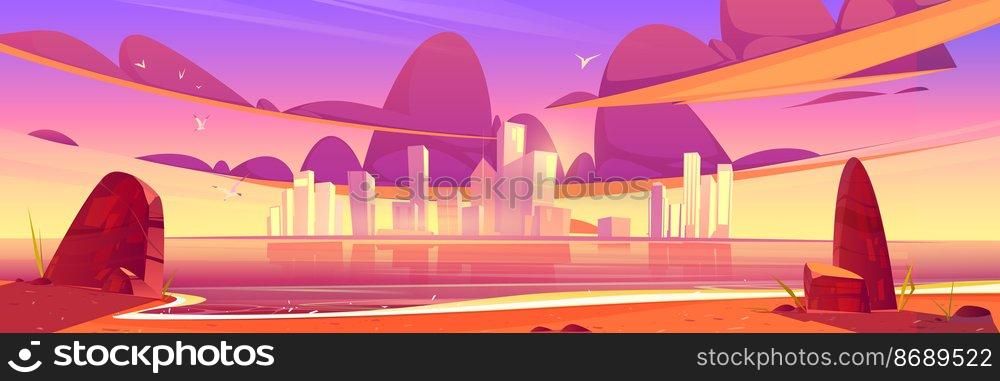 City skyline sunset or sunrise beautiful landscape at sea waterfront, modern megapolis with skyscraper buildings reflecting in water surface under cloudy purple or pink sky Cartoon vector illustration. Sunset city skyline architecture near waterfront