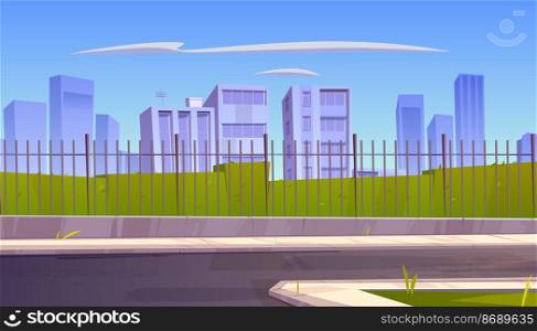 City skyline, urban view background with skyscrapers, green lawn and pathway behid of metal fence. Summertime cityscape, downtown with architecture residential buildings, Cartoon vector illustration. City skyline, urban view background, cityscape