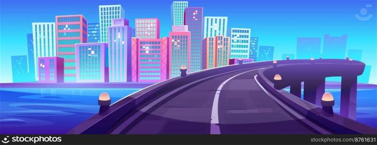 City skyline view from bridge over sea bay, empty road with metropolis cityscape with skyscraper buildings, modern urban architecture. House towers under blue clear sky, Cartoon vector illustration. City skyline view from bridge over sea bay, road