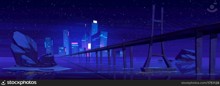City skyline with buildings and bridge above lake or river at night. Vector cartoon landscape of sea, island with town skyscrapers on horizon, overpass highway, stones in water and stars in sky. City skyline with buildings and bridge at night