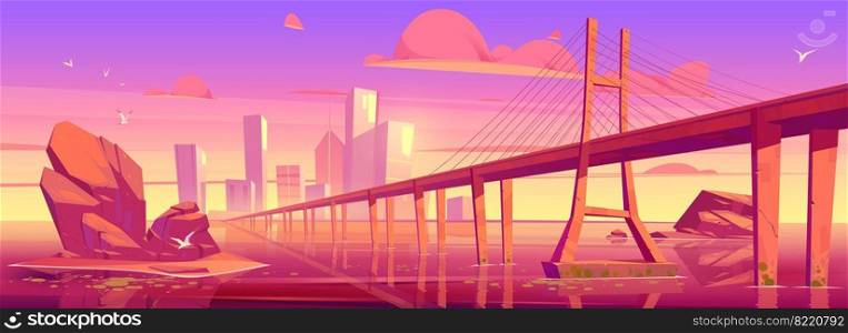 City skyline with buildings and bridge above lake or river at sunset. Vector cartoon landscape of sea, island with town skyscrapers on horizon and overpass highway in morning pink light. City skyline with buildings and bridge at sunset