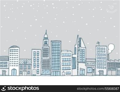 City skyline with many white buildings under snow