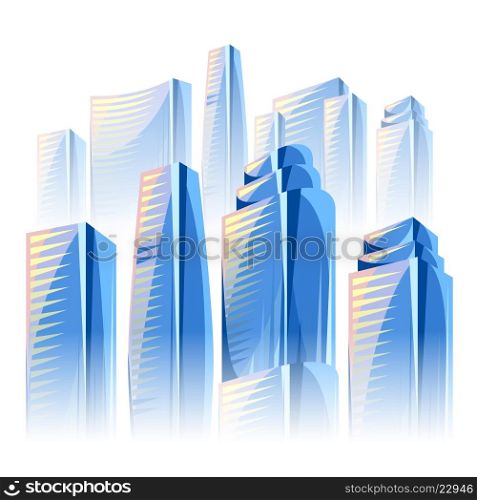 City skyscrapers background in blue colors. Cityscape conceptual illustration for construction and tourism business. Image can be used on advertising booklets, banners, presentations.