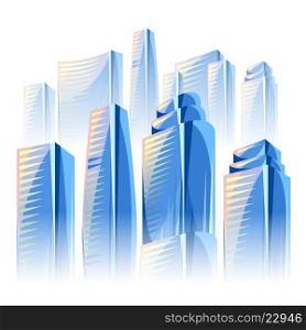 City skyscrapers background in blue colors. Cityscape conceptual illustration for construction and tourism business. Image can be used on advertising booklets, banners, presentations.