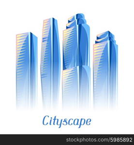 City skyscrapers background in blue colors. Cityscape conceptual illustration for construction and tourism business. Image can be used on advertising booklets, banners, presentations.