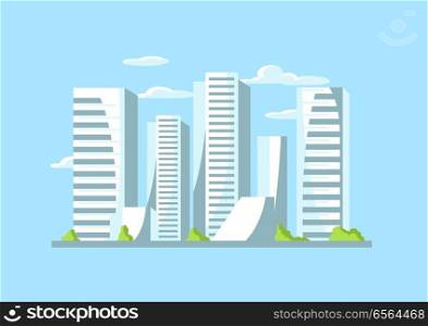 City skyscrapers background in blue colors. Cityscape conceptual illustration for construction and tourism business.. City skyscrapers background in blue colors.