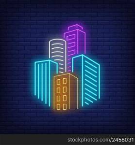 City skyscrapers neon sign. Architecture, downtown design. Night bright neon sign, colorful billboard, light banner. Vector illustration in neon style.
