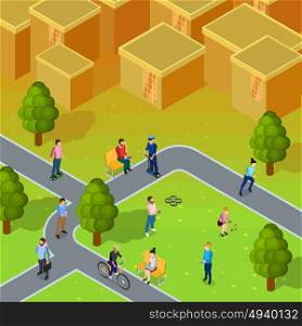 City Society Composition. City society composition depicting walking and working people in city near blocks of flats isometric vector illustration