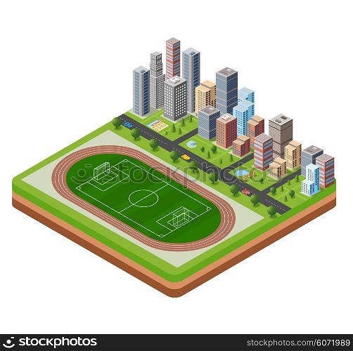 City stadium with a highway with cars and trees isometric view