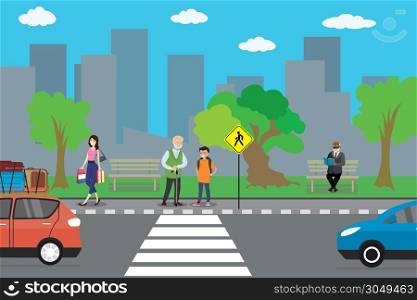 City street and road,cartoon people go and stand,urban life concept,outdoor flat vector illustration. City street and road,cartoon people go and stand,urban life conc