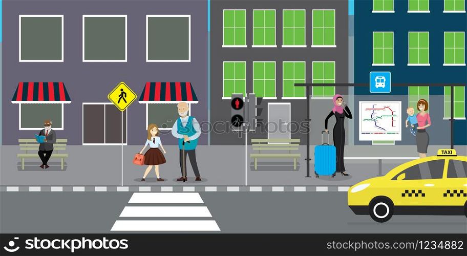 City street and road,public transport stop,different people go and stand,urban life concept,outdoor flat vector illustration.