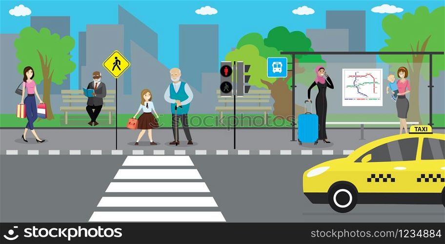 City street and road,public transport stop,different people go and stand,urban life concept,outdoor flat vector illustration.