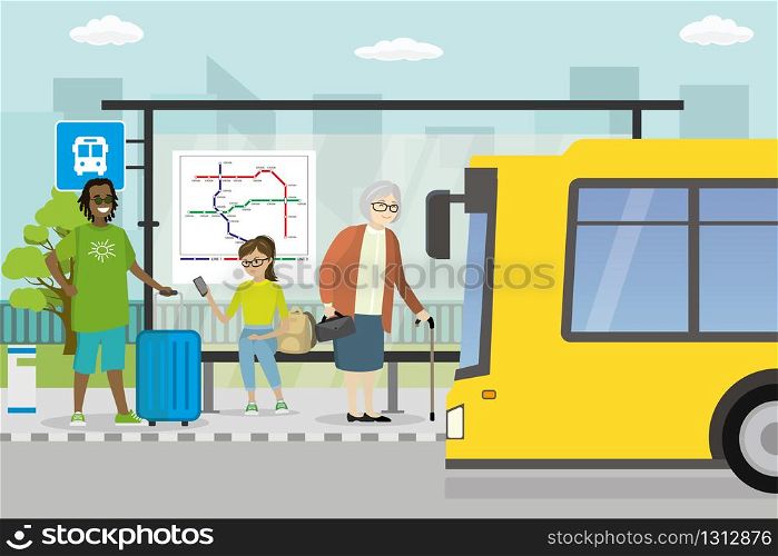 City street and road with transport,modern public transport stop,different people stand,urban life concept,outdoor flat vector illustration. City street and road with transport,modern public transport stop
