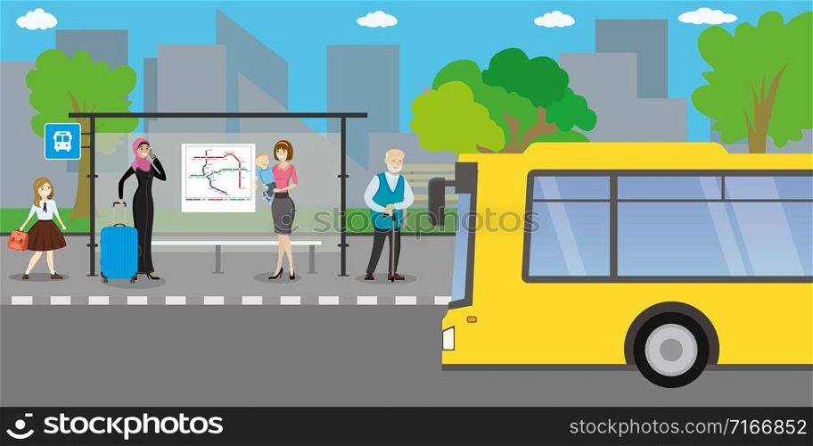 City street and road with transport,public transport stop,different people go and stand,urban life concept,outdoor flat vector illustration. City street and road with transport
