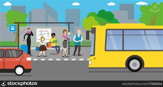 City street and road with transport,public transport stop,different people go and stand,urban life concept,outdoor flat vector illustration. City street and road with transport