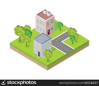 City street block in isometric projection. Urban landscape fragment with road, buildings, trees, lawn, ground layer. For gaming environment, app, infographic, icon design. Isolated on white background. City Street Fragment Isometric Projection Vector . City Street Fragment Isometric Projection Vector