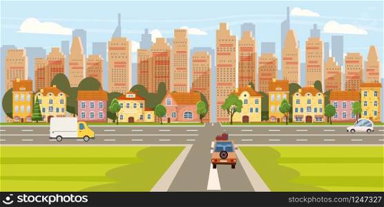 City street buildings old houses architecture downtown, crossroads road highway cars, skyscrapers. City street buildings old houses architecture downtown, crossroads road highway cars, skyscrapers modern buildings silhouettes in the background. Vector, illustration, cartoon, isolated, poster, baner
