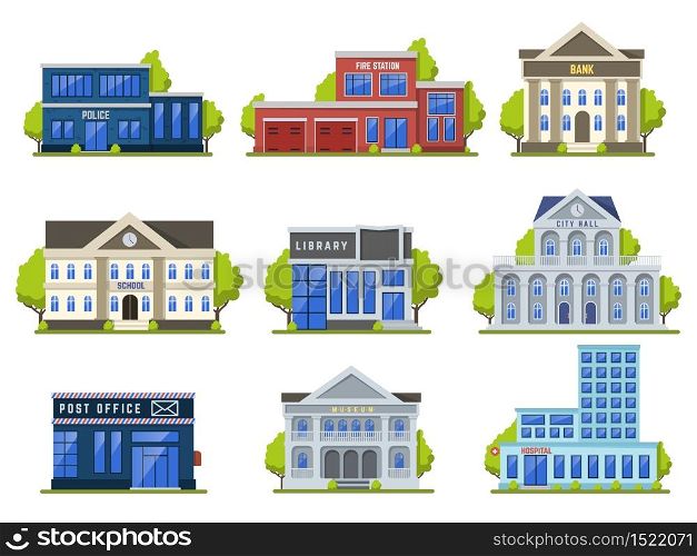 City street buildings. Public modern library, theater and museum, bank, police office exterior, hospital facade isolated vector illustration set. Street house, library and bank, shop and office. City street buildings. Public modern library, theater and museum, bank, police office exterior, hospital facade isolated vector illustration set