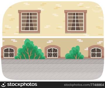 City street buildings view with green bushes modern cityscape empty downtown illustration. Spring or summer season cartoon city landscape with green high trees behind a brick wall, road, cloudy sky. City street buildings view with green trees modern cityscape empty downtown flat vector illustration