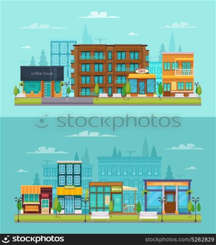 City Street Cafe Banners Set . City street view 2 flat horizontal banners set with coffee house snack bar cafe isolated vector illustration
