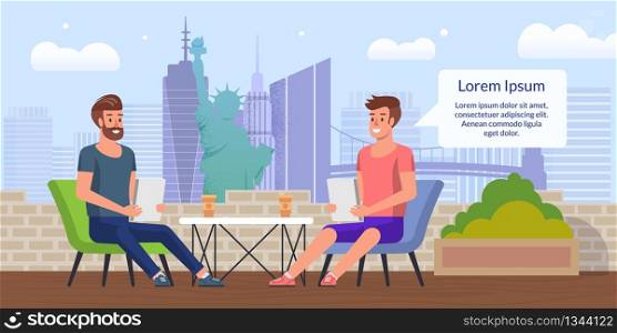 City Street Cafe, Restaurant or Coffee Shop with Outdoor Seatings on Rooftop Terrace Flat Vector Banner, Poster Template. Two Freelancers, Businessmen, Work Colleagues Lunching Together Illustration