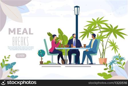 City Street Cafe, Restaurant with Outdoor Terrace Flat Vector Web Banner, Landing Page. Business Partners, Office Colleagues, Company Employees Lunching Together, Talking on Meal Break Illustration