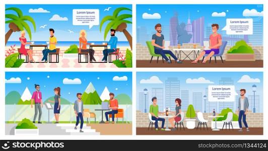 City Street Cafe with Rooftop Terrace, Resort Restaurant with Outdoor Seating Flat Vector Banners, Posters Templates Set with Happy Couples, Work Colleagues, Visitors Resting in Cafeteria Illustration