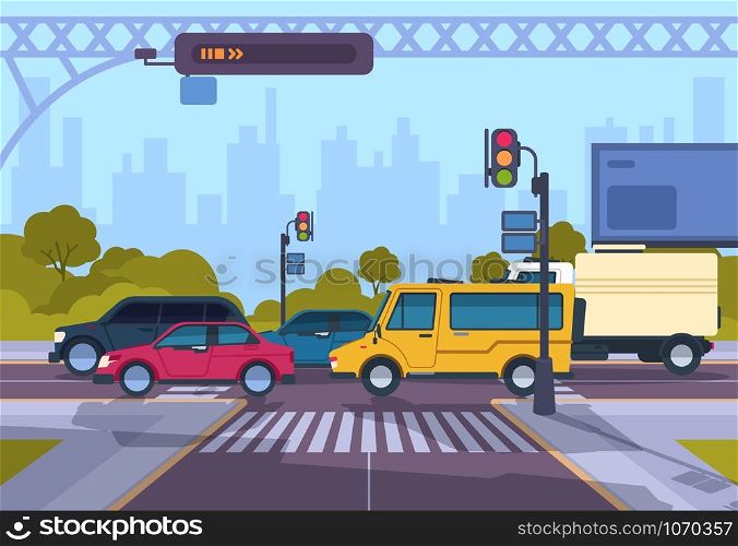 City street. Cartoon town cityscape with cars and crosswalk, town traffic on crosswalk. Vector urban highway landscape illustration. Horizontal flat panoramic image crossing roads morning. City street. Cartoon town cityscape with cars and crosswalk, town traffic on crosswalk. Vector urban highway landscape illustration