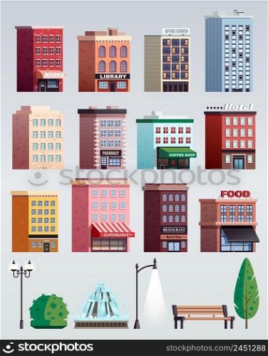 City street colorful houses office buildings street elements collection with lanterns trees bench isolated vector illustration . City Street Elements Buildings Set
