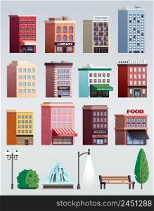 City street colorful houses office buildings street elements collection with lanterns trees bench isolated vector illustration . City Street Elements Buildings Set