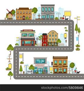 City street concept with different buildings and landscape elements vector illustration. City Street Illustration