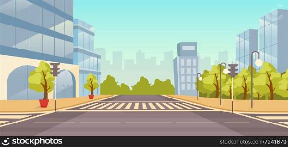 City street flat vector illustration. Cityscape with no people. Urban highway with skyscrapers, parks cartoon background. Town buildings and roads intersection with crosswalk, traffic lights backdrop