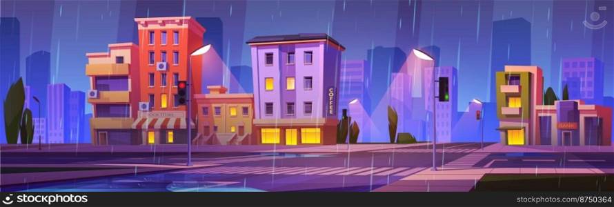 City street landscape with houses, car road and trees in rain at evening. Town with buildings, crossroad with traffic lights and pedestrian crosswalk at rainy weather, vector cartoon illustration. City landscape with houses and crossroad in rain