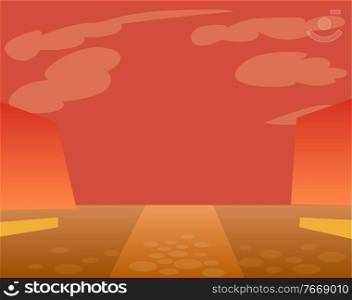 City street on sunset illustration. Vector empty road made from bricks. Silhouette of urban building, shadow from sunlight. Orange beautiful view, landscape. Flat style picture in minimalism. City Empty Street, Silhouette of Urban Building