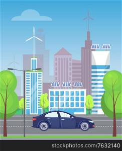 City street, road with trees and greenery. Car riding along skyscrapers and buildings, contemporary megapolis skyline, cityscape infrastructure. Vector illustration in flat cartoon style. Modern City with Skyscrapers and Roads Cars Vector