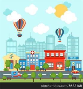 City street scape background with retro and modern buildings vector illustration.