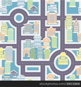 City street seamless pattern. Public buildings and skyscrapers. Cute ornament houses and roads for childrens fabric. Large urban background. baby vehicle pattern. Texture of town.