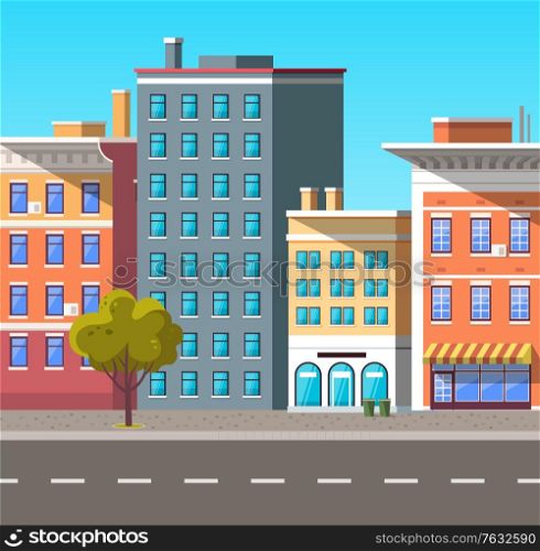 City street vector, empty town with old houses and buildings with fancy rooftops. Urban area residential constructions, skyscrapers and tree decor. Cityscape with houses facades. Flat cartoon. Cityscape with Empty Street and Green Tree Plant