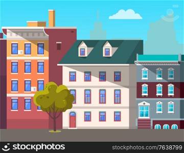 City street vector, empty town with old houses and buildings with fancy rooftops. Urban area residential constructions, skyscrapers and tree decor. Cityscape with houses facades. Flat cartoon. Cityscape with Empty Street and Green Tree Plant