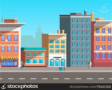 City street vector, empty town with old houses and buildings with fancy rooftops. Urban area residential constructions, skyscrapers decor. Cityscape with houses facades. Flat cartoon. Cityscape with Empty Street and Green Tree Plant
