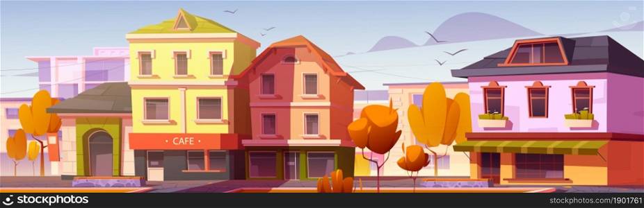 City street with cafe, shop buildings and orange trees. Vector cartoon illustration of autumn landscape of European town with empty sidewalk, restaurant facade, houses and flying birds. City street with cafe and autumn trees