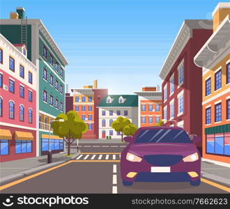 City street with car on it. Modern cityscape with road and pedestrian crossings for citizens, decorative trees and developed infrastructure. Vehicle riding along houses. Vector in isometric 3D style. City Center Road with Transport in Motion Vector