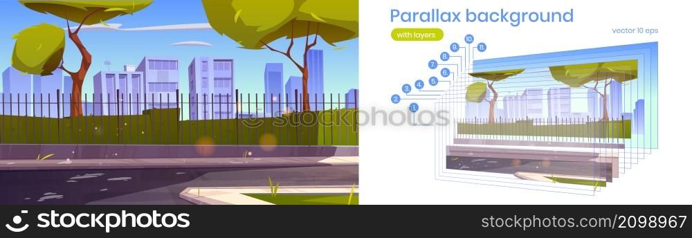 City street with garden and buildings behind fence. Vector parallax background for 2d animation with cartoon illustration of summer landscape with road, sidewalk, green bushes and trees. Parallax background with city street and garden