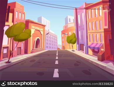City street with house buildings, museum, shop, road, street lights and green trees. Summer cityscape, town architecture in perspective view, vector cartoon illustration. City street with house buildings, museum, road