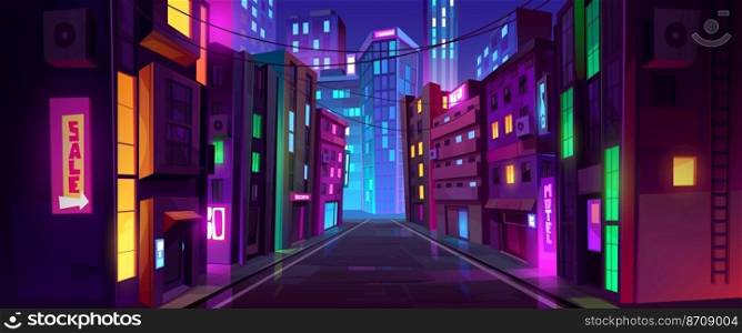 City street with houses and buildings with glowing windows at night. Cityscape with road, houses, store, offices and skyscrapers with neon signboards, vector cartoon illustration. City street with road and houses at night