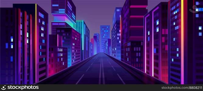 City street with houses and buildings with glowing windows at night. Cityscape with empty road, houses and skyscrapers with neon color ligth, isolated skyline on background vector cartoon illustration. City night street, road and houses with neon ligth